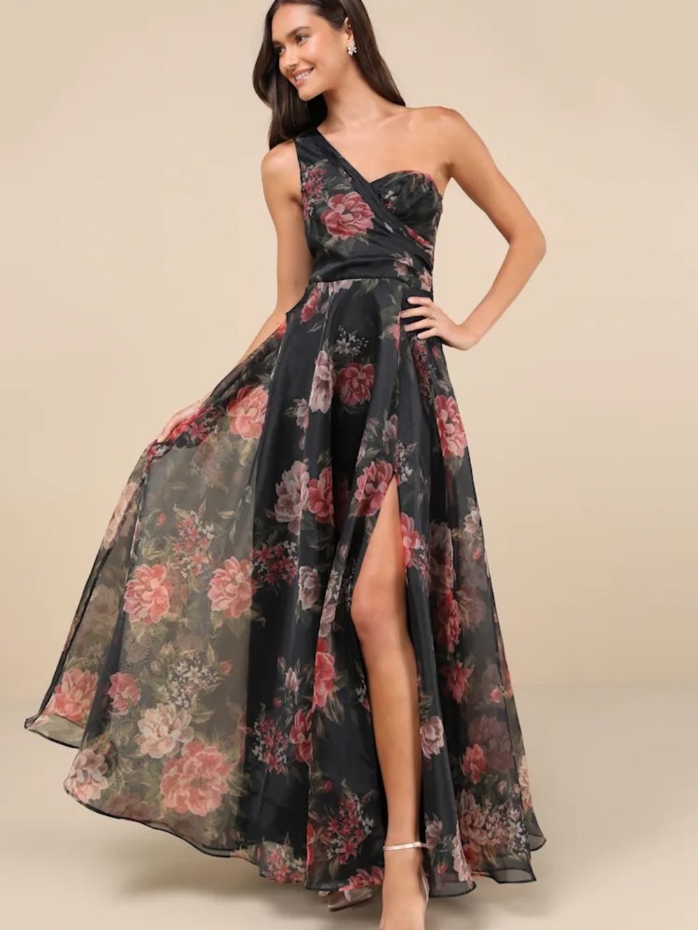Lulu's Black One-Shoulder Floral Evening Gown with Pink Roses